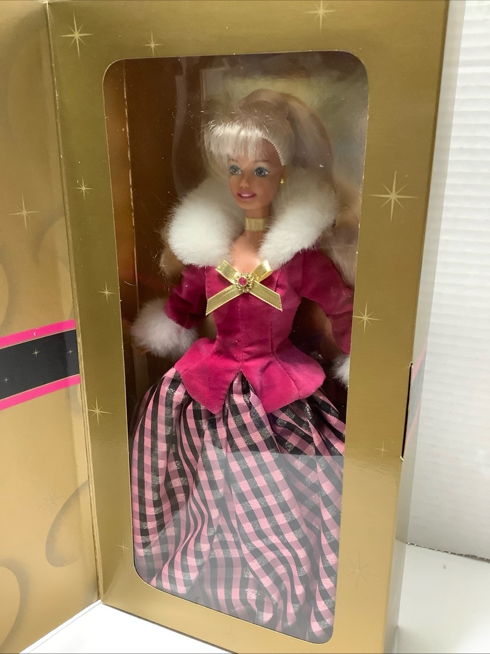 Premium Pink Doll in Fuchsia and Black Plaid Gown - Picture 2 of 16